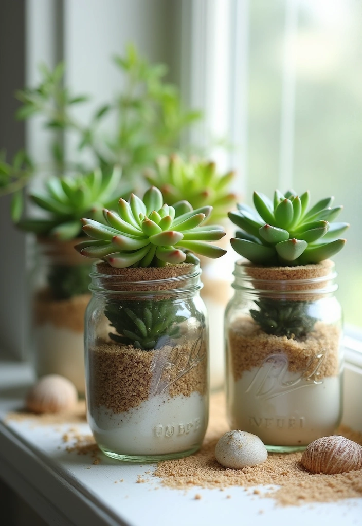 20 Easy DIY Lake House Decor Projects That'll Add a Personal Touch (You Won't Believe #10!) - 12. Beachy Mason Jar Planters
