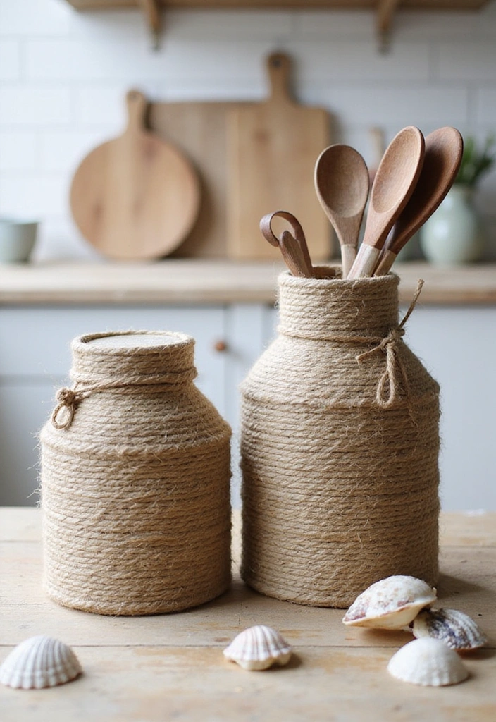 20 Easy DIY Lake House Decor Projects That'll Add a Personal Touch (You Won't Believe #10!) - 17. Twine-Wrapped Jugs for Storage