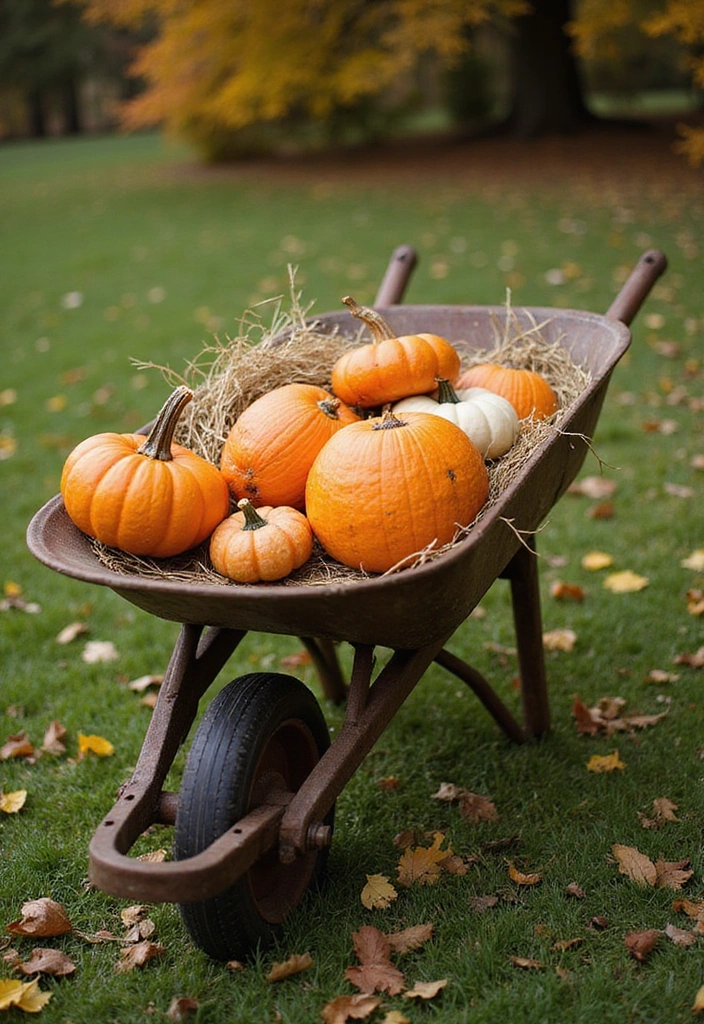 21 Creative Pumpkin Decorations for Your Fall House Exterior (You Won’t Believe #14!) - 13. Pumpkin-Filled Wheelbarrow