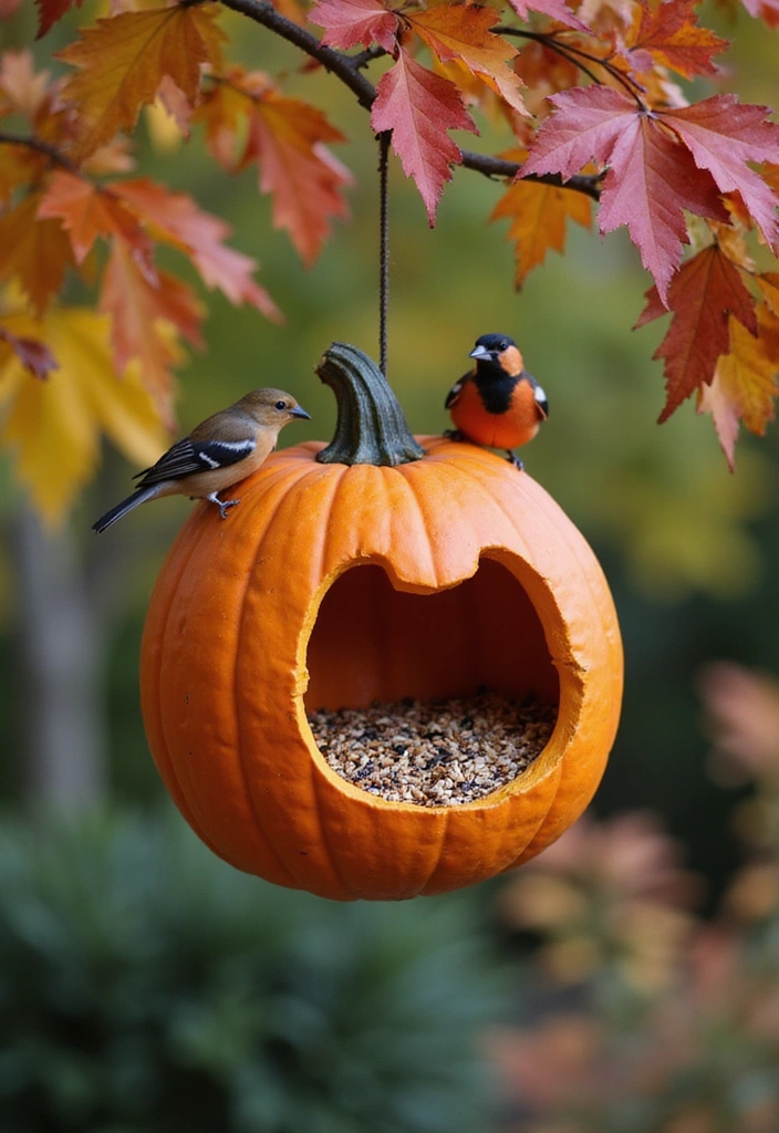 21 Creative Pumpkin Decorations for Your Fall House Exterior (You Won’t Believe #14!) - 19. Pumpkin Bird Feeders