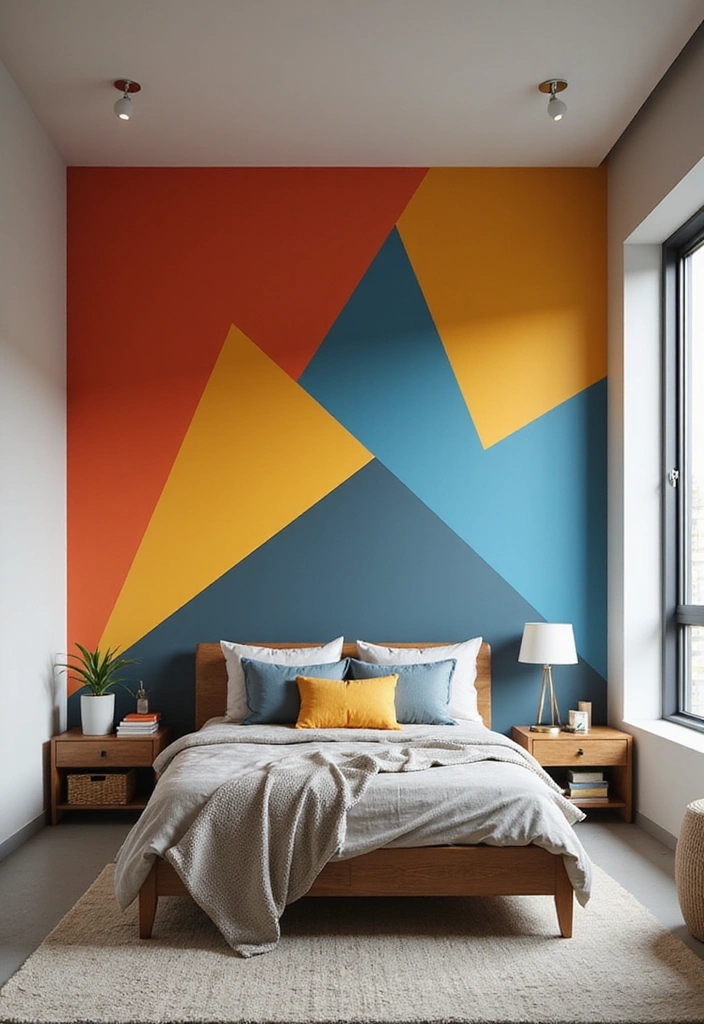 21 Eye-Catching Geometric Bedroom Accent Walls You Need to See to Believe! - 1. Bold Triangles for a Dynamic Touch