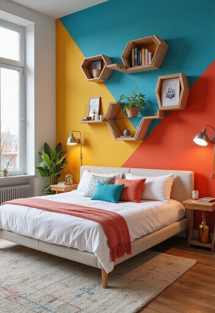 21 Eye-Catching Geometric Bedroom Accent Walls You Need to See to Believe! - 12. Floating Geometric Shelves