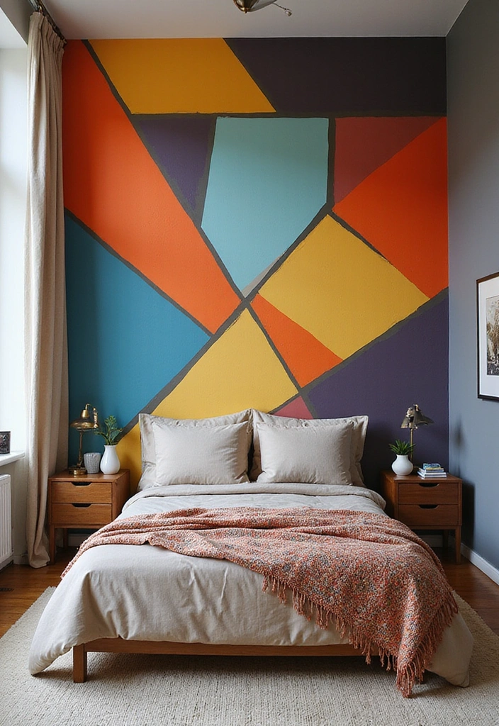 21 Eye-Catching Geometric Bedroom Accent Walls You Need to See to Believe! - 13. Geometric Murals for a Statement Look
