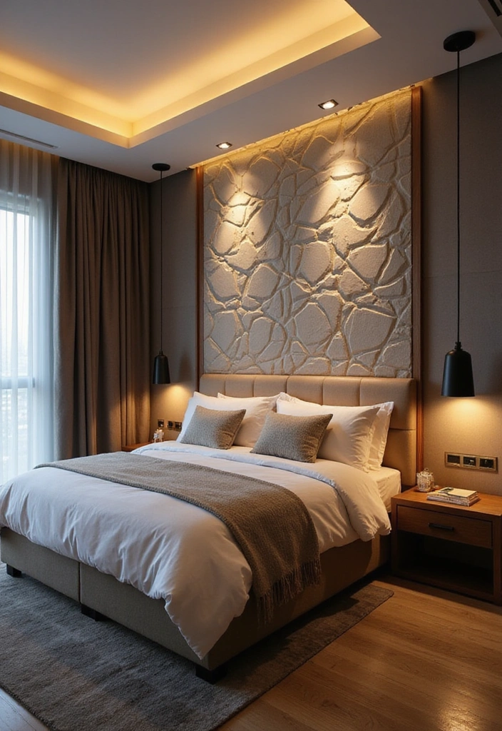 21 Eye-Catching Geometric Bedroom Accent Walls You Need to See to Believe! - 18. Geometric Accent Wall with Lighting