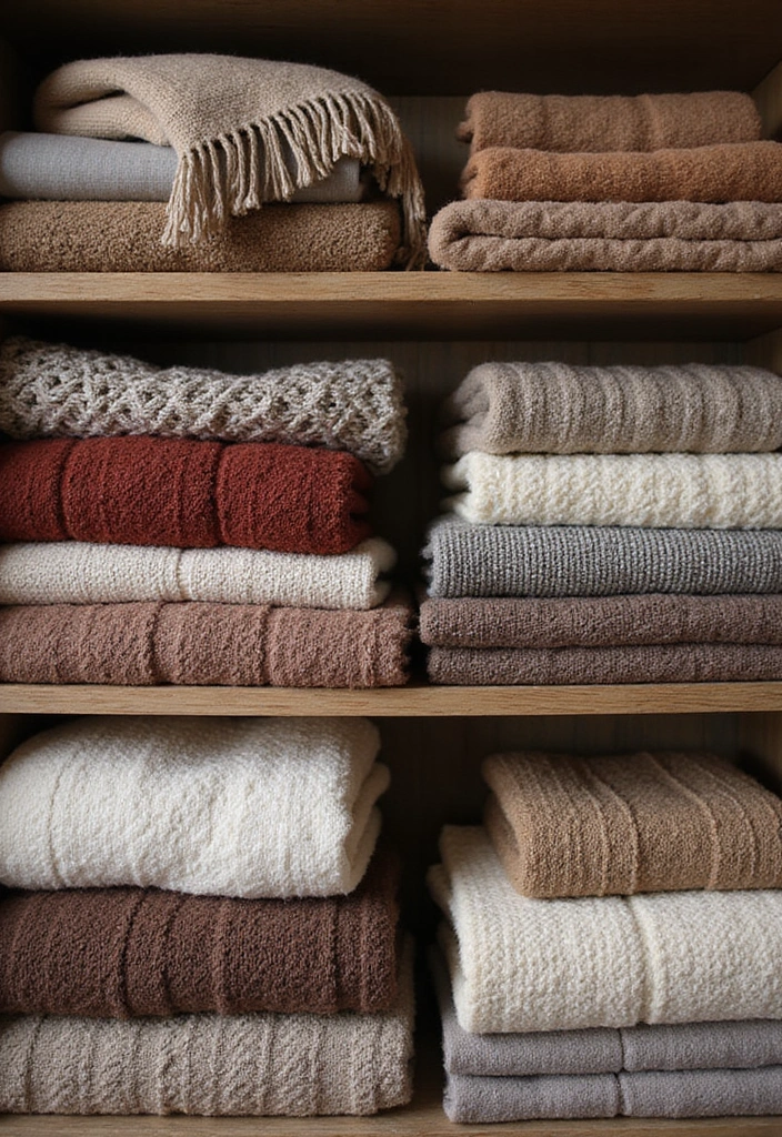 21 Farmhouse Bedroom Shelf Decor Ideas That'll Transform Your Space into a Dreamy Retreat! - 1. Layered Textures with Throw Blankets
