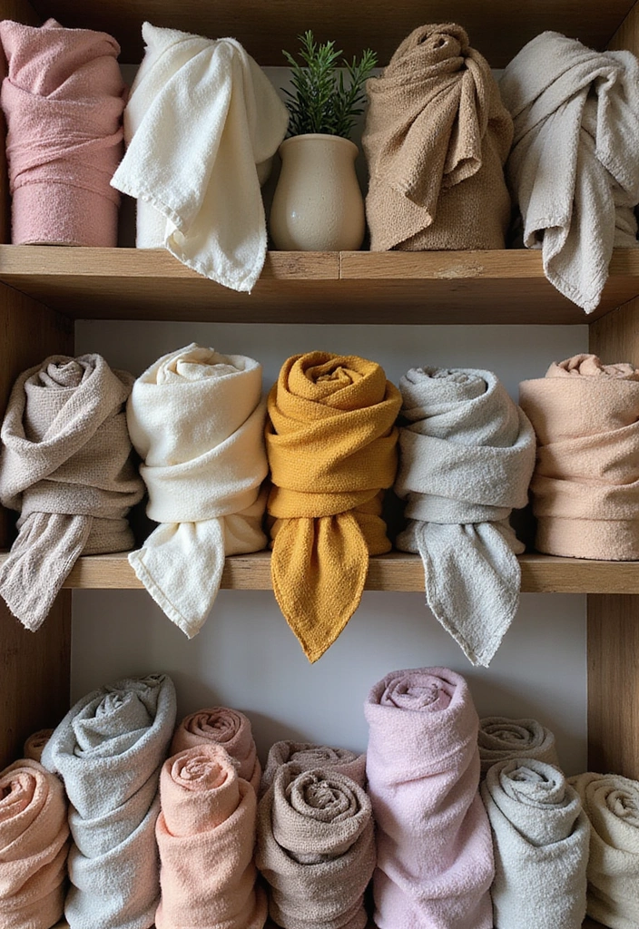 21 Farmhouse Bedroom Shelf Decor Ideas That'll Transform Your Space into a Dreamy Retreat! - 20. Artistic Display of Fabrics
