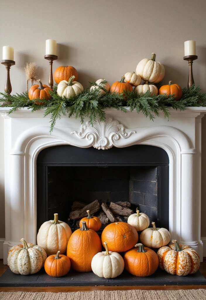22 Affordable Fall Fireplace Decor Ideas That Look Luxurious (You’ll Love #11!) - 1. Whimsical Pumpkin Display