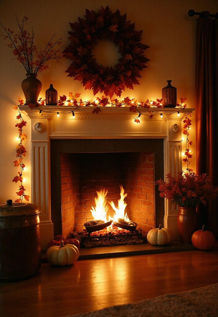 22 Affordable Fall Fireplace Decor Ideas That Look Luxurious (You’ll Love #11!) - 18. Festive Fairy Lights