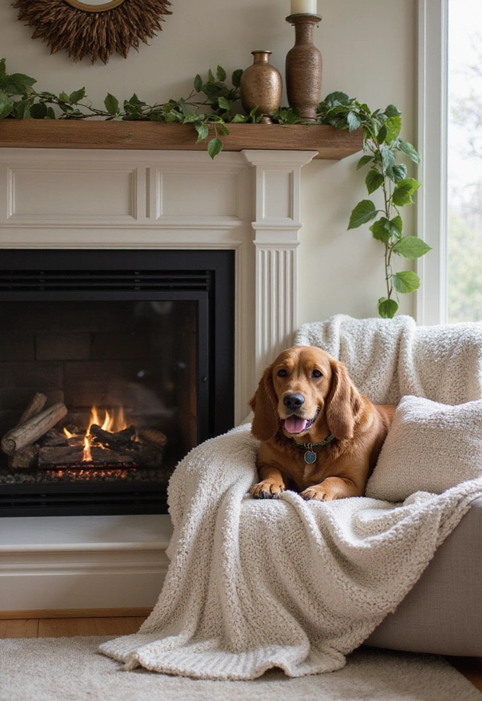 22 Affordable Fall Fireplace Decor Ideas That Look Luxurious (You’ll Love #11!) - 19. Cozy Pet Nook