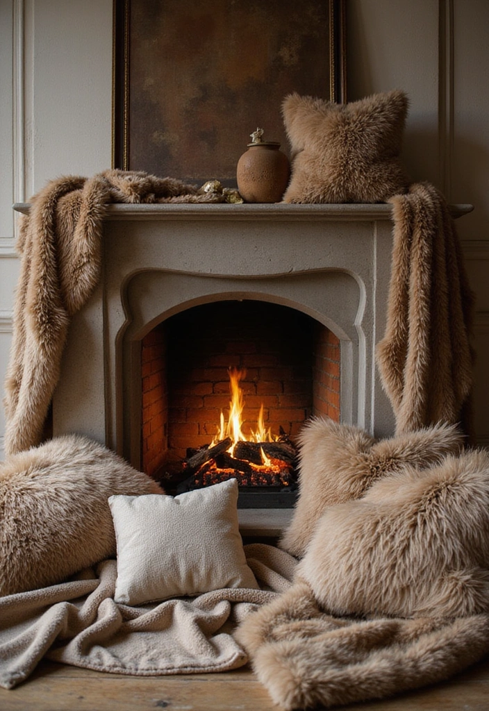 22 Affordable Fall Fireplace Decor Ideas That Look Luxurious (You’ll Love #11!) - 2. Cozy Faux Fur Accents