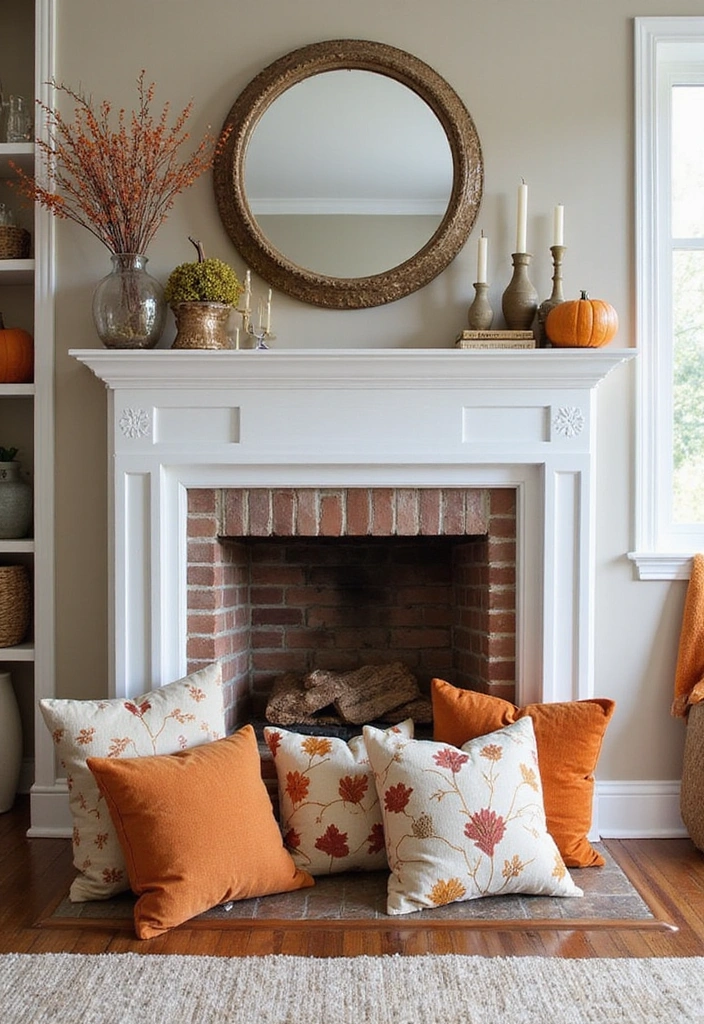 22 Affordable Fall Fireplace Decor Ideas That Look Luxurious (You’ll Love #11!) - 21. Seasonal Pillow Covers