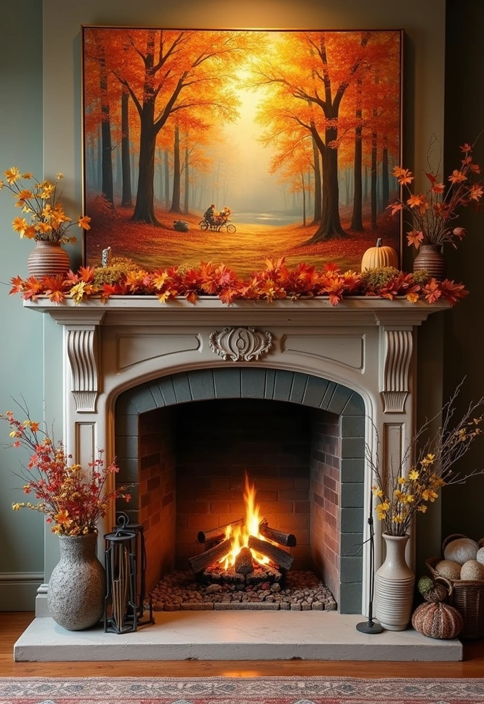 22 Affordable Fall Fireplace Decor Ideas That Look Luxurious (You’ll Love #11!) - 9. Seasonal Artwork