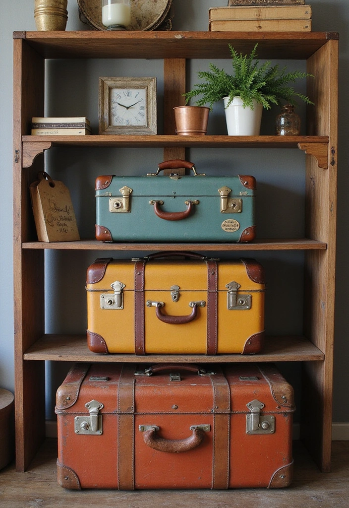 22 DIY Farmhouse Shelf Decor Ideas You Can Create This Weekend (Prepare for #8 to Blow Your Mind!) - 16. Vintage Suitcases