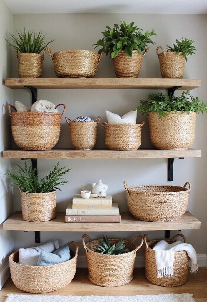 22 DIY Farmhouse Shelf Decor Ideas You Can Create This Weekend (Prepare for #8 to Blow Your Mind!) - 2. Woven Baskets