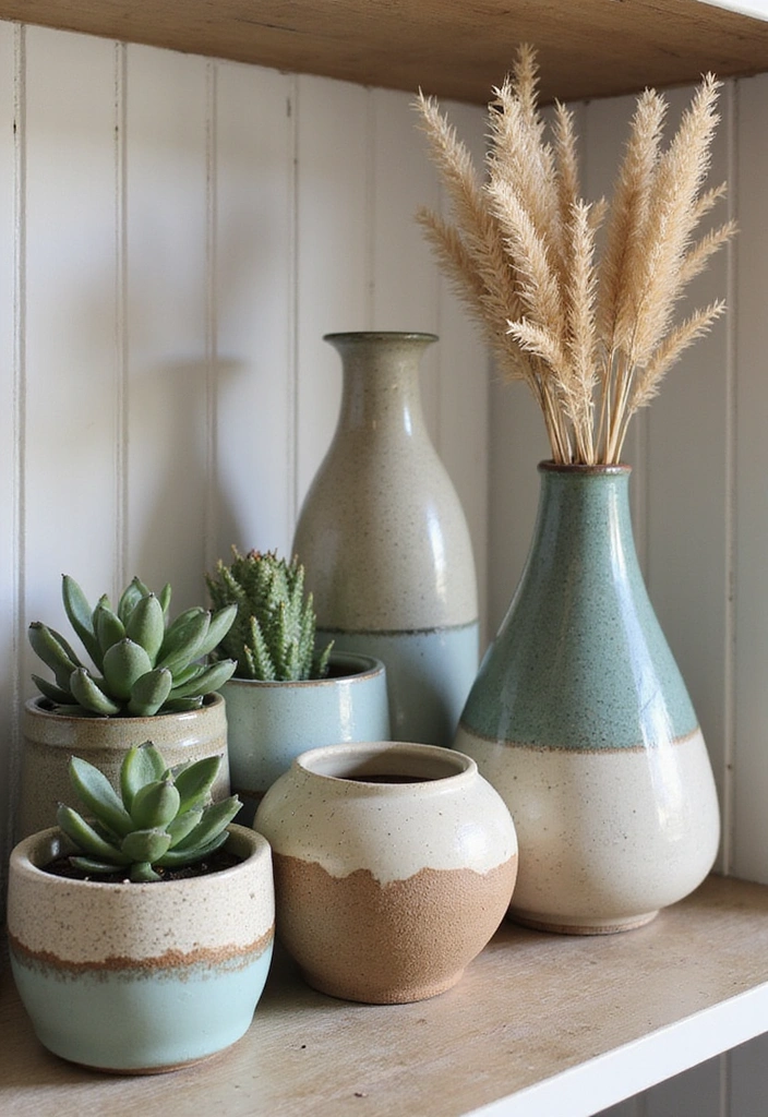 22 DIY Farmhouse Shelf Decor Ideas You Can Create This Weekend (Prepare for #8 to Blow Your Mind!) - 4. Handmade Pottery
