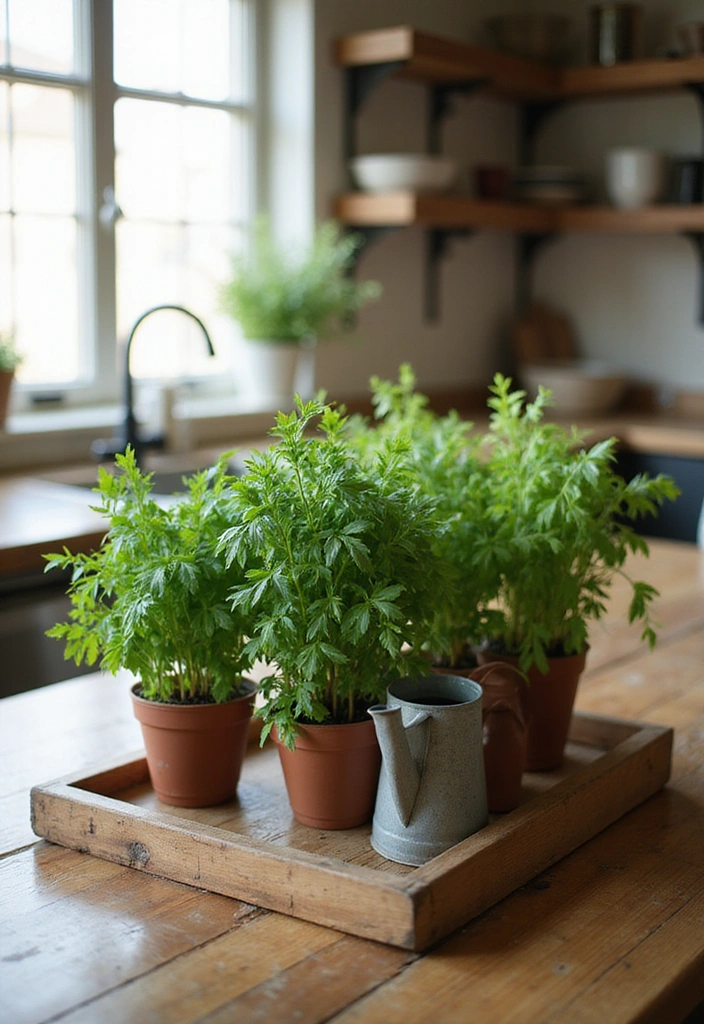 22 Farmhouse Kitchen Tray Decor Ideas That Combine Style with Functionality (Don't Miss #15!) - 1. Rustic Wooden Tray with Potted Herbs