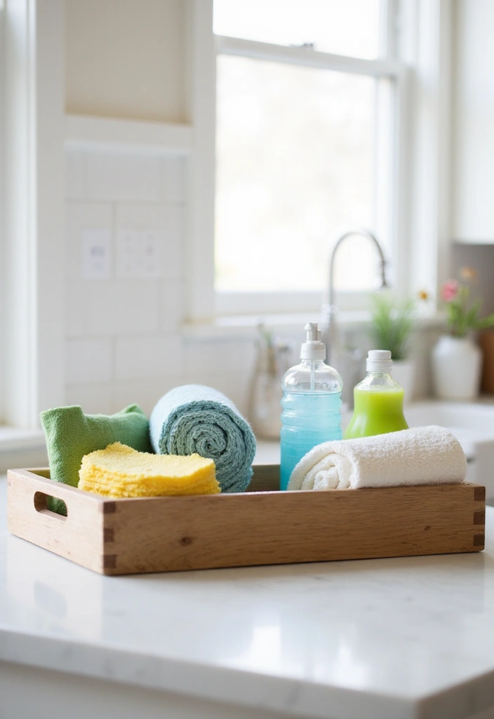 22 Farmhouse Kitchen Tray Decor Ideas That Combine Style with Functionality (Don't Miss #15!) - 14. Tray for Kitchen Supplies