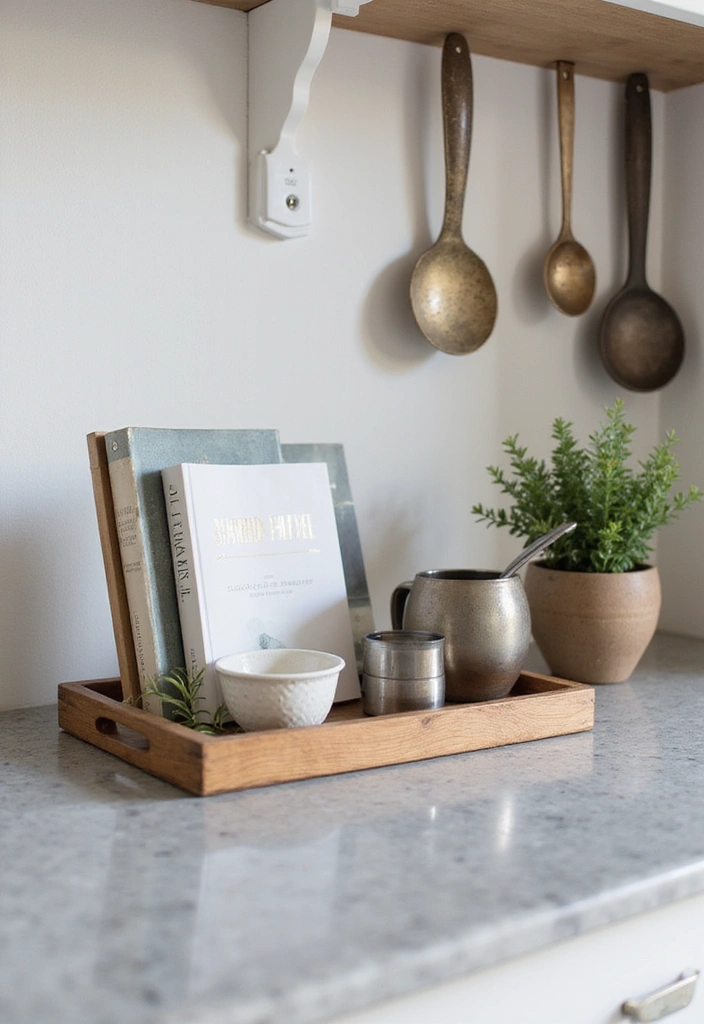 22 Farmhouse Kitchen Tray Decor Ideas That Combine Style with Functionality (Don't Miss #15!) - 18. Practical Tray with Cooking Books and Supplies
