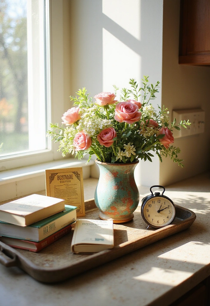 22 Farmhouse Kitchen Tray Decor Ideas That Combine Style with Functionality (Don't Miss #15!) - 2. Vintage Tray with Cookbooks and Décor