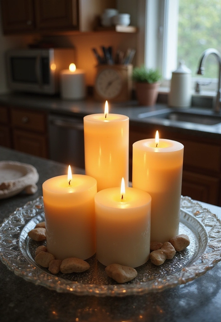 22 Farmhouse Kitchen Tray Decor Ideas That Combine Style with Functionality (Don't Miss #15!) - 5. Vintage Glass Tray with Candles
