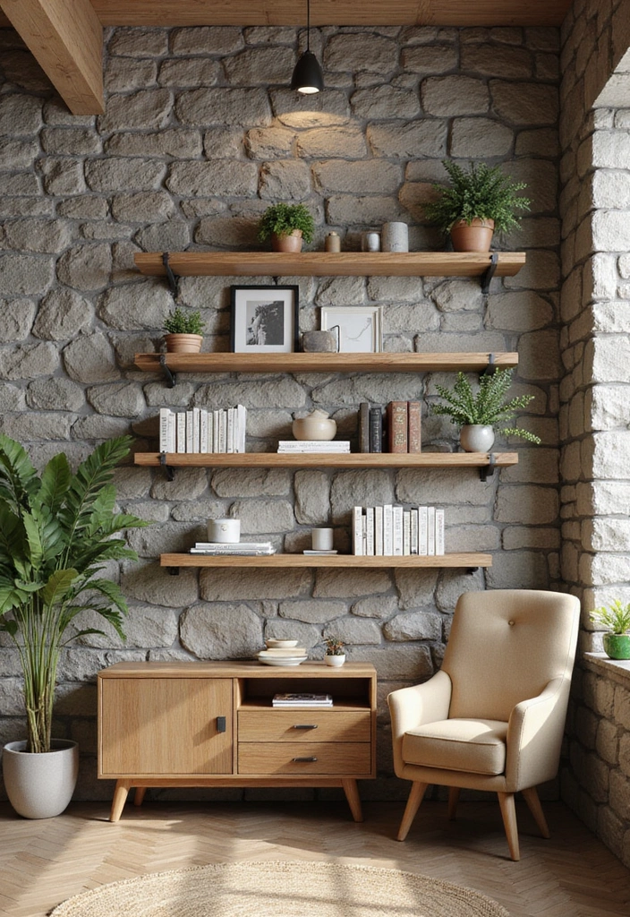 23 DIY Stone Wall Ideas That'll Elevate Your Home Decor Without Breaking the Bank (#19 Is a Must-Try!) - 20. Stone Wall Shelves for Functional Decor