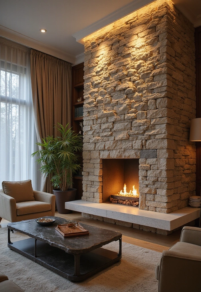 23 DIY Stone Wall Ideas That'll Elevate Your Home Decor Without Breaking the Bank (#19 Is a Must-Try!) - 21. Stone Wall with Integrated Lighting for Drama