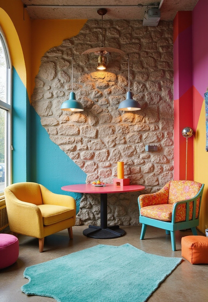23 DIY Stone Wall Ideas That'll Elevate Your Home Decor Without Breaking the Bank (#19 Is a Must-Try!) - 23. Stone Wall with Accent Colors for a Pop