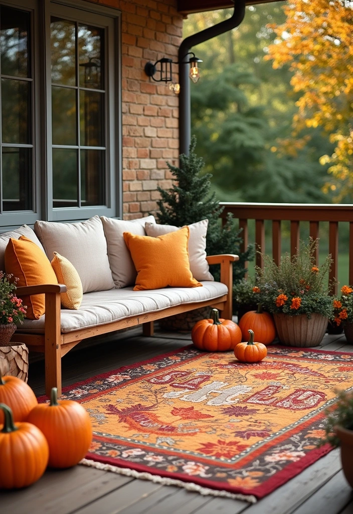 25 Creative Fall Outdoor Decor Ideas That’ll Make Your Home the Talk of the Block! - 10. Seasonal Outdoor Rugs