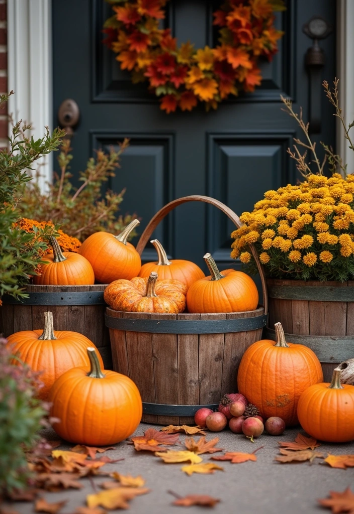25 Creative Fall Outdoor Decor Ideas That’ll Make Your Home the Talk of the Block! - 13. Bountiful Basket Displays
