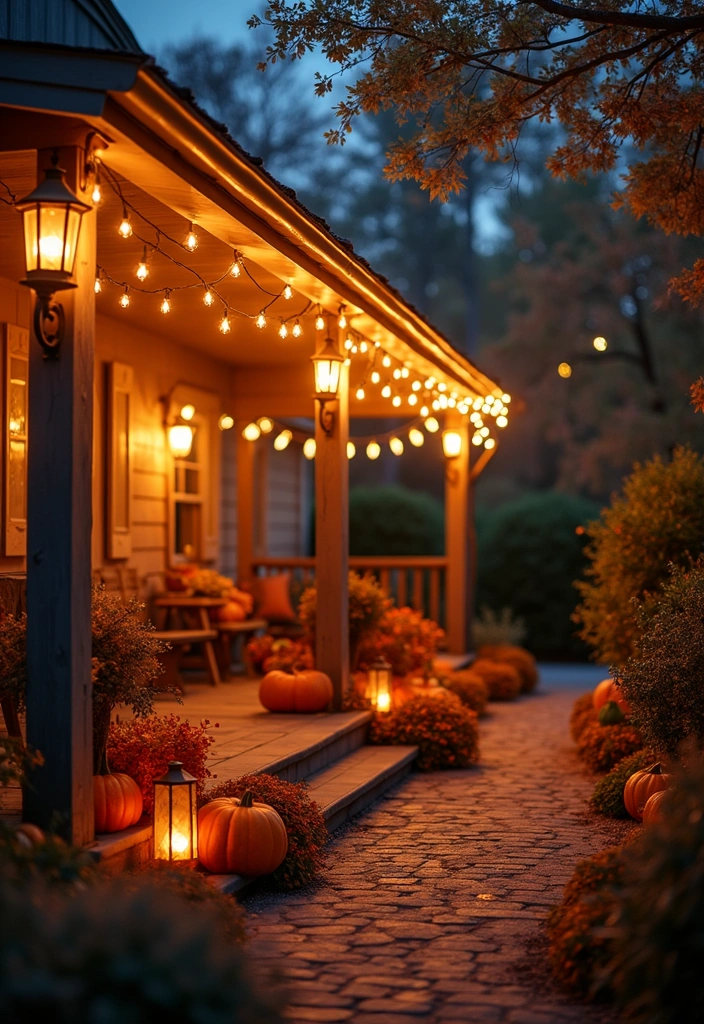 25 Creative Fall Outdoor Decor Ideas That’ll Make Your Home the Talk of the Block! - 16. Shimmering Outdoor Lights