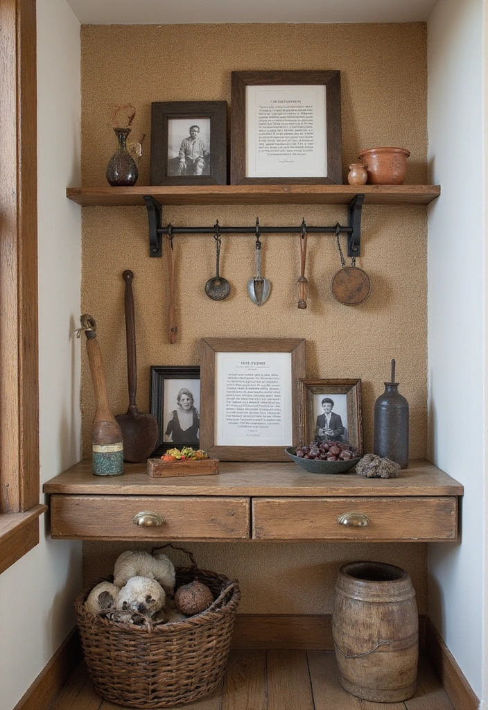 25 Creative Farmhouse Seasonal Shelf Decor Ideas (Get Inspired by #19!) - 11. Farm-Themed Family Heritage