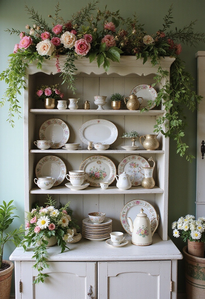 25 Creative Farmhouse Seasonal Shelf Decor Ideas (Get Inspired by #19!) - 13. Garden Party Elegance