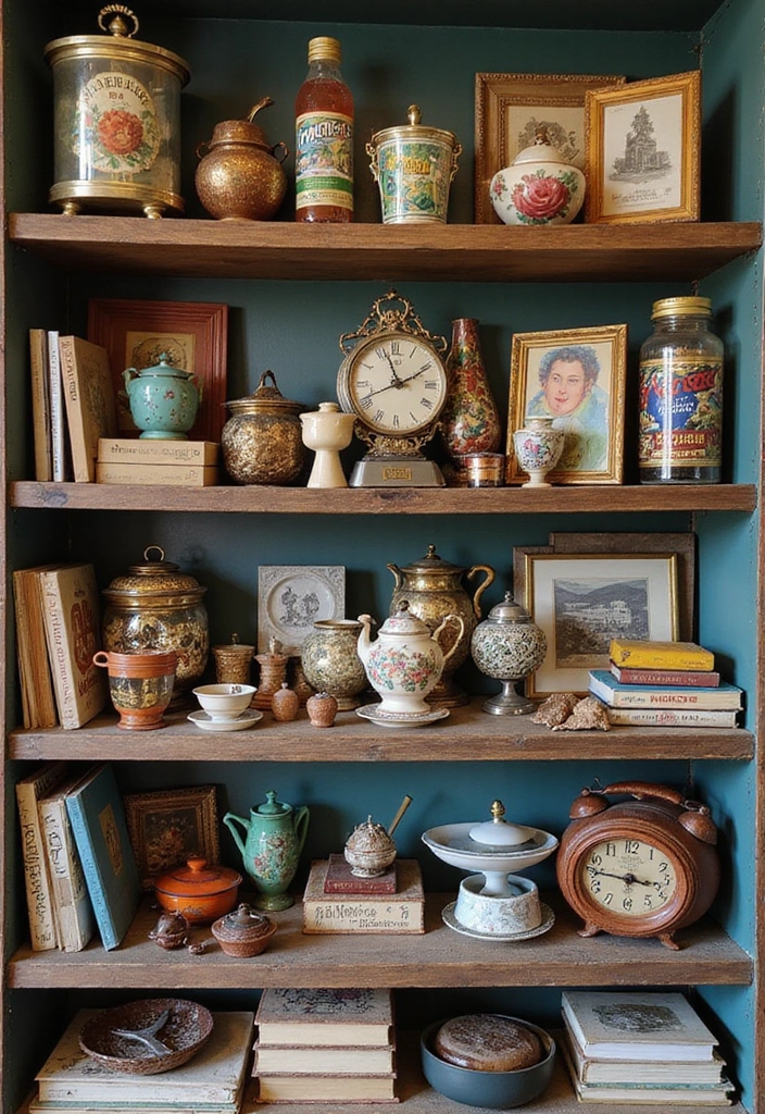 25 Creative Farmhouse Seasonal Shelf Decor Ideas (Get Inspired by #19!) - 16. Eclectic Vintage Finds