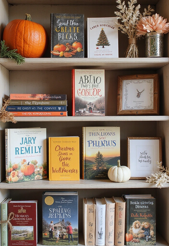 25 Creative Farmhouse Seasonal Shelf Decor Ideas (Get Inspired by #19!) - 17. Seasonal Book Display