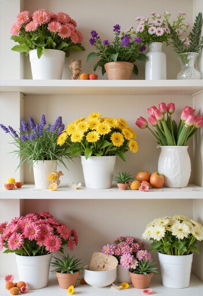 25 Creative Farmhouse Seasonal Shelf Decor Ideas (Get Inspired by #19!) - 18. Bright and Cheerful Colors