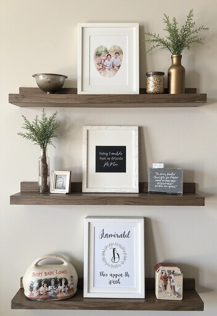 25 Creative Farmhouse Seasonal Shelf Decor Ideas (Get Inspired by #19!) - 19. Personalized Family Elements