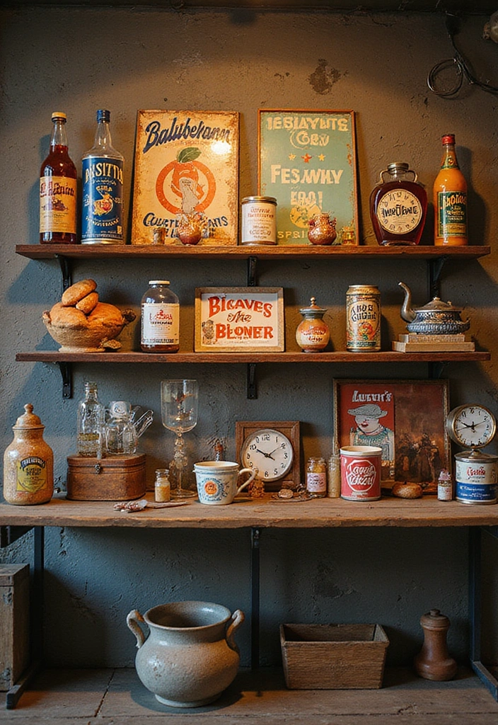 25 Creative Farmhouse Seasonal Shelf Decor Ideas (Get Inspired by #19!) - 20. Vintage Advertising Aesthetics