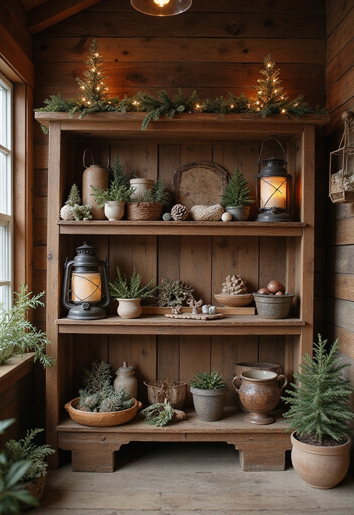 25 Creative Farmhouse Seasonal Shelf Decor Ideas (Get Inspired by #19!) - 5. Vintage Winter Cabin