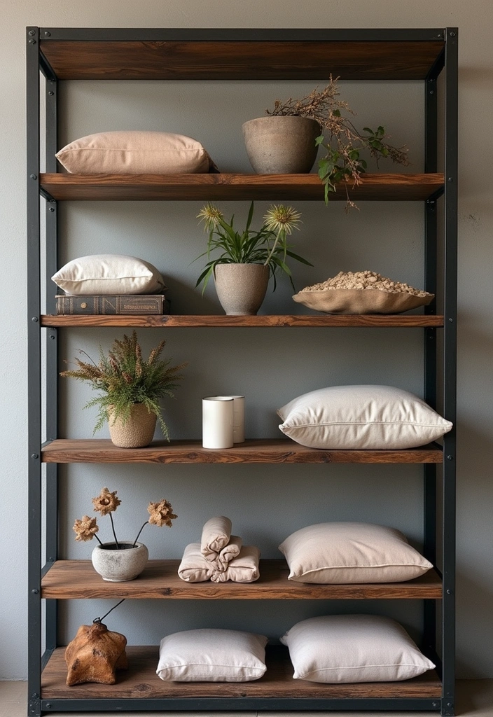 25 Creative Farmhouse Seasonal Shelf Decor Ideas (Get Inspired by #19!) - 9. Rustic Industrial Fusion