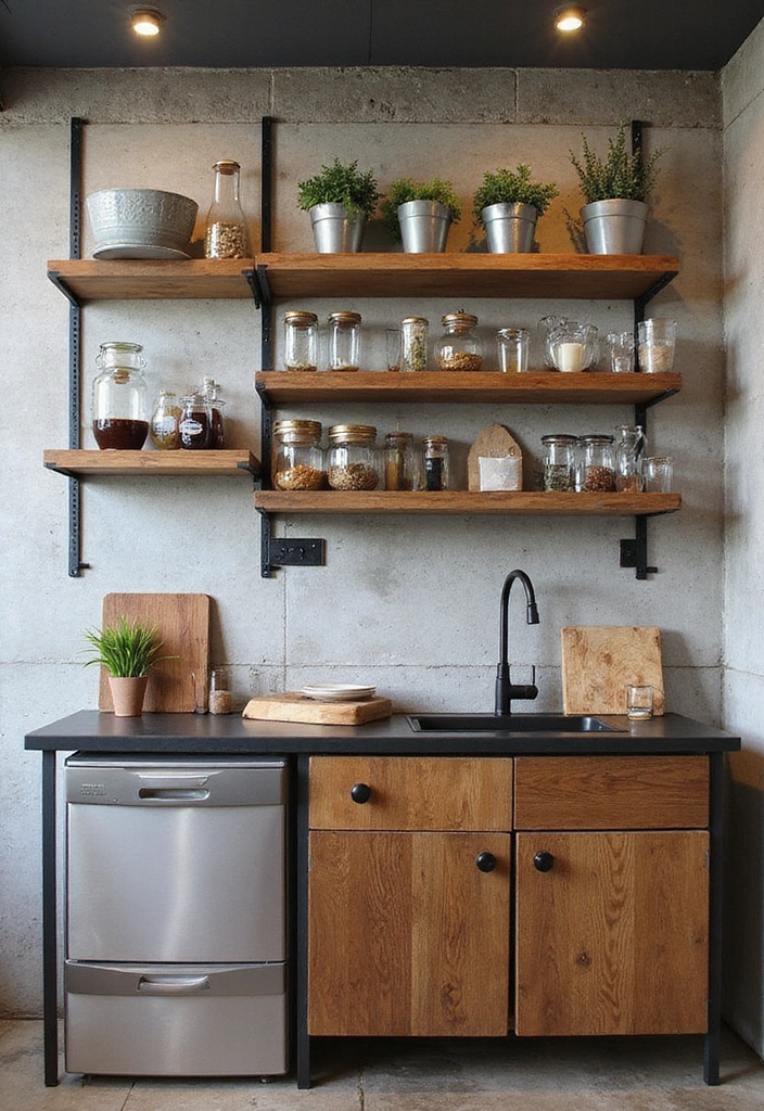 13 Industrial Open Kitchen Shelf Ideas That Will Add Edge to Your Home! - 10. Mixed Material Shelving