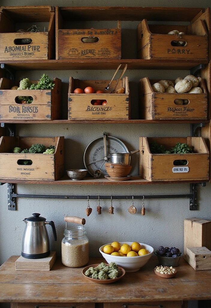 13 Industrial Open Kitchen Shelf Ideas That Will Add Edge to Your Home! - 8. Vintage Wooden Crates