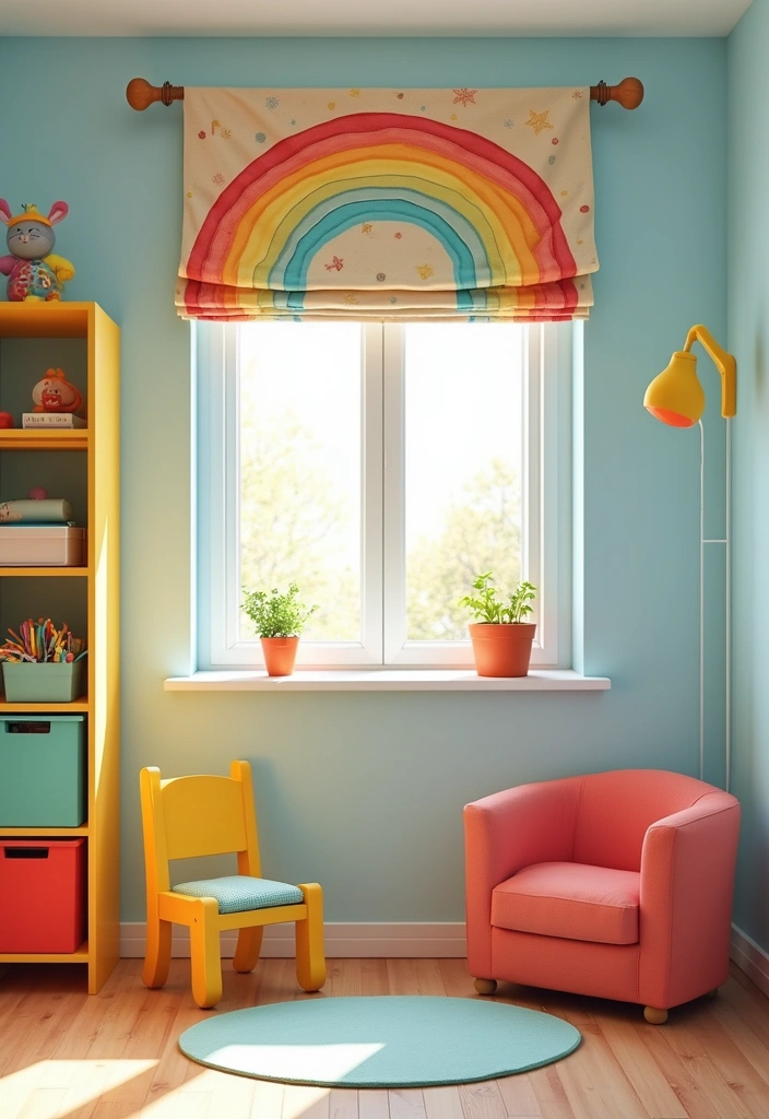 14 Adorable Kids Room Window Valance Ideas That Will Make Them Smile (#3 Is a Winner!) - 1. Rainbow Dreams Valance