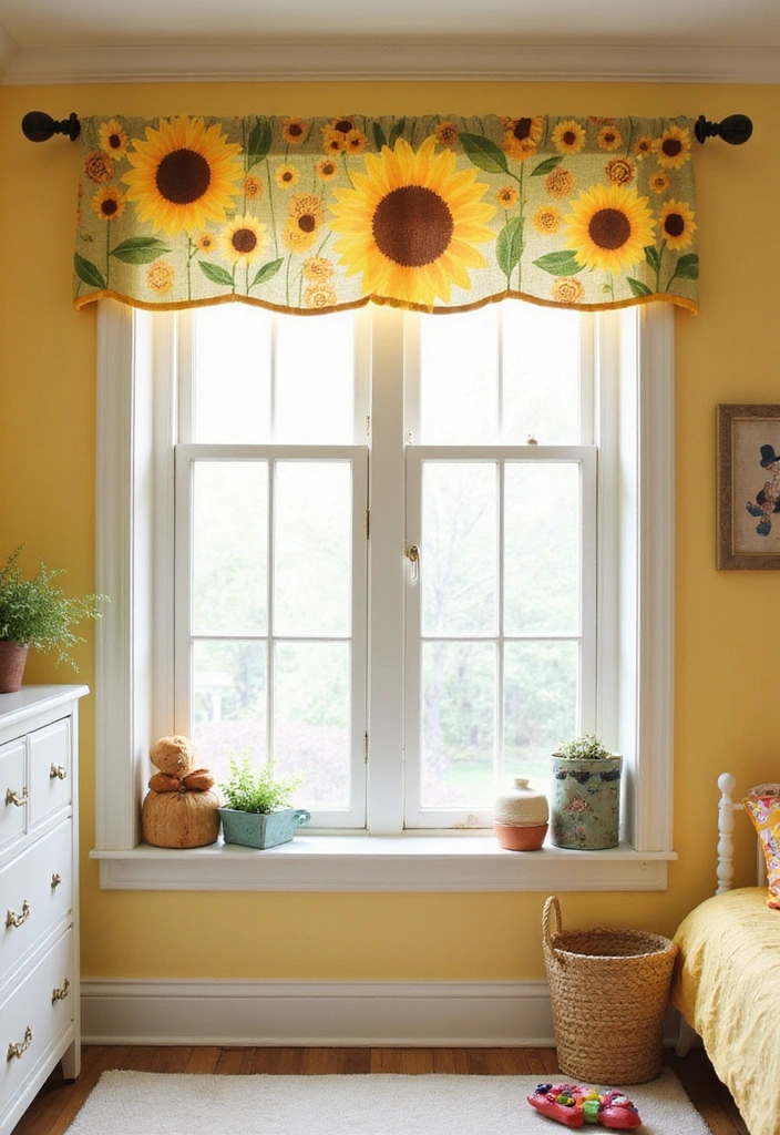 14 Adorable Kids Room Window Valance Ideas That Will Make Them Smile (#3 Is a Winner!) - 12. Bright Sunflower Valance