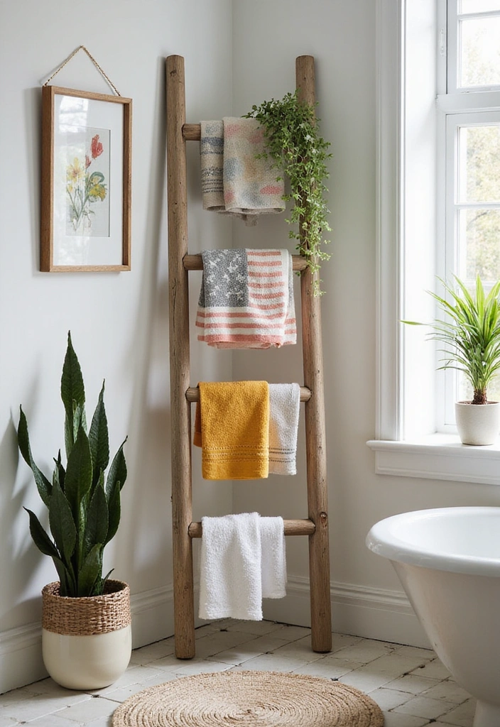 14 Trendy DIY Bathroom Decor Ideas That'll Have Your Guests Asking 'Where Did You Get That?' - 7. Decorative Ladder Rack