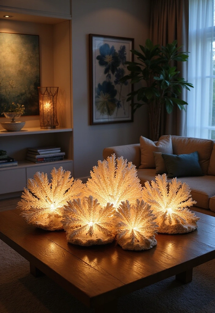 16 Beach Themed Lighting Ideas That Will Turn Your Living Room into a Relaxing Oasis! - 11. Illuminated Coral Displays