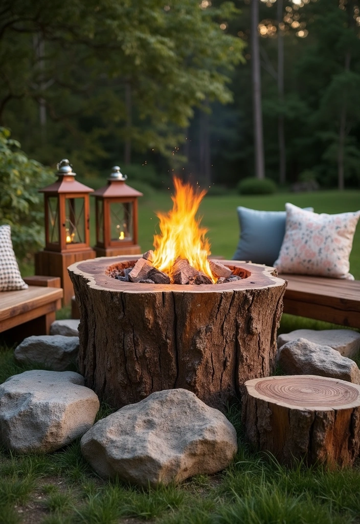 16 Cozy Tree Stump Fire Pit Ideas That'll Make Your Evenings Magical! (Check Out #3!) - 11. Natural Wood and Stump Fire Pit