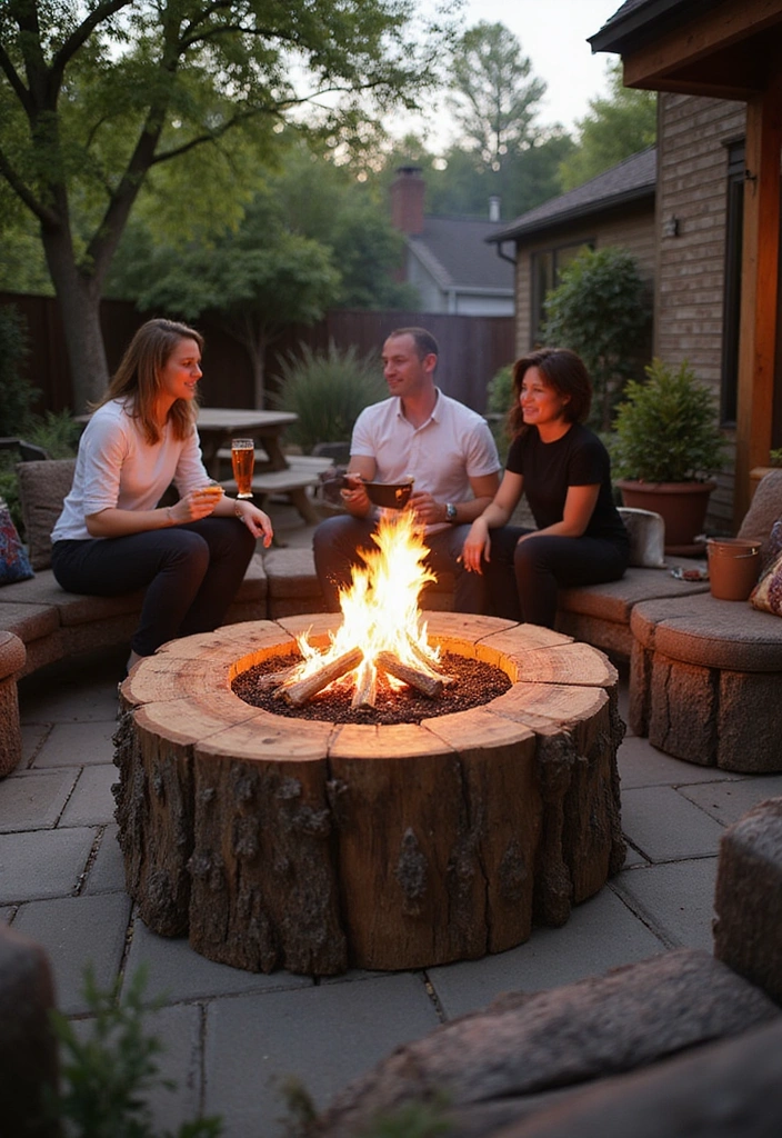 16 Cozy Tree Stump Fire Pit Ideas That'll Make Your Evenings Magical! (Check Out #3!) - 13. Fire Pit with Tree Stump Bar