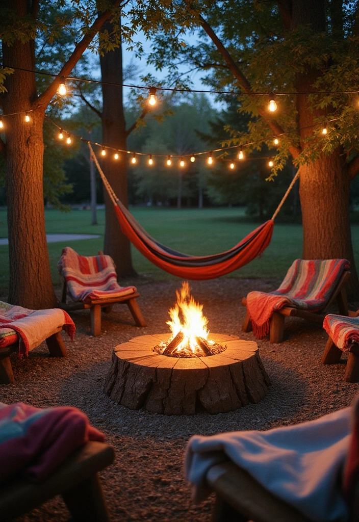 16 Cozy Tree Stump Fire Pit Ideas That'll Make Your Evenings Magical! (Check Out #3!) - 15. Tree Stump Fire Pit with Hammocks