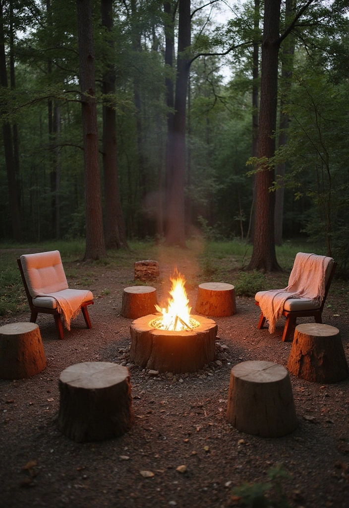 16 Cozy Tree Stump Fire Pit Ideas That'll Make Your Evenings Magical! (Check Out #3!) - 16. Fire Pit with Stump Seating Area