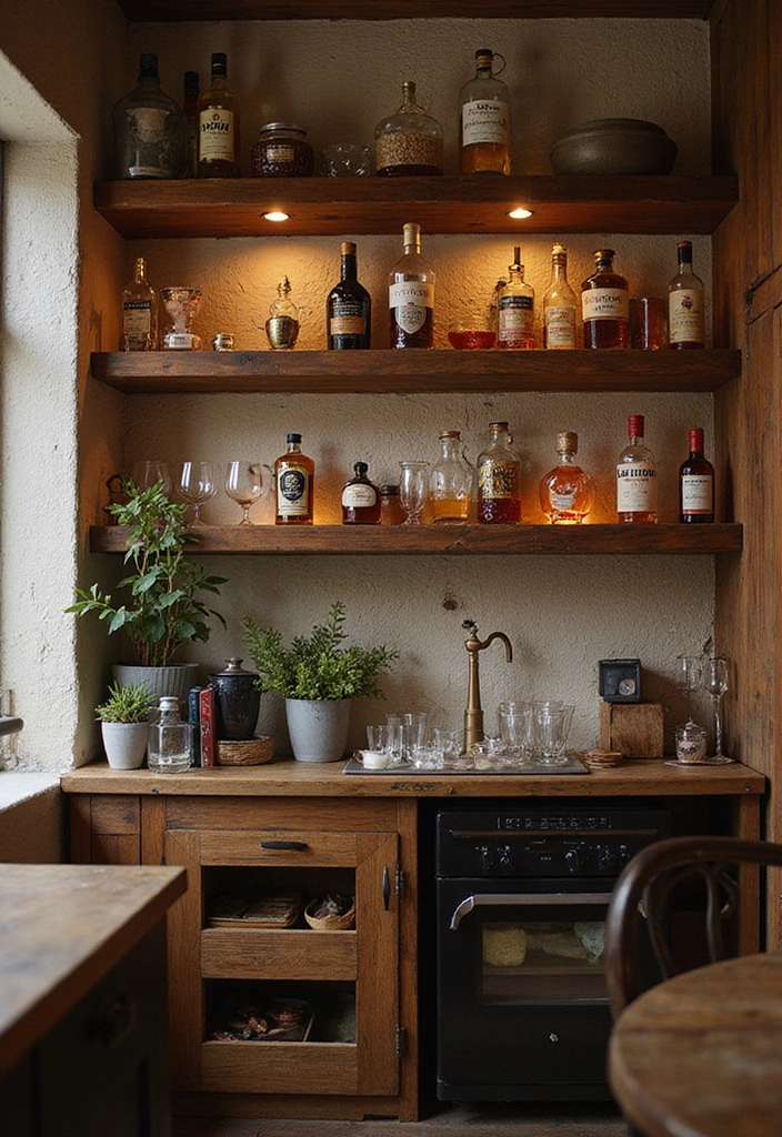 16 Rustic Open Kitchen Shelf Ideas That Bring Warmth to Your Home (Warning: #5 Is a Must-See!) - 12. Rustic Bar Cart Shelf